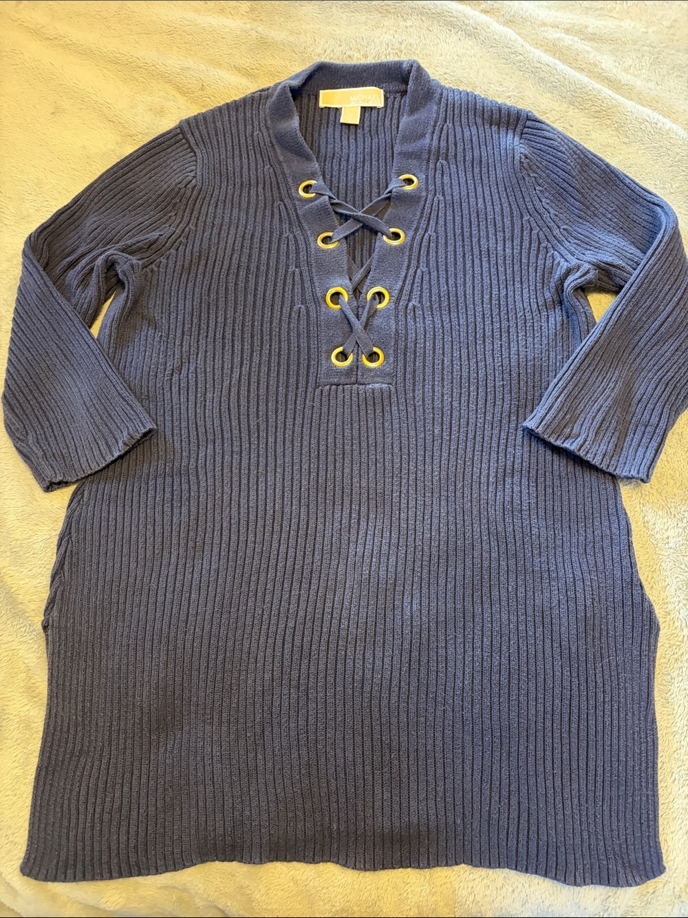 Michael Kors Navy Ribbed Lace-Up V-Neck Sweater